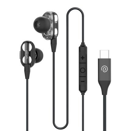 pTron Boom Play X4 Dual Driver in-Ear Type C Wired Earphones with in-line HD Mic, Music Call Control, Ergo-fit, 1.2m Tangle-Free Cable, Wide Compatibility (Black)